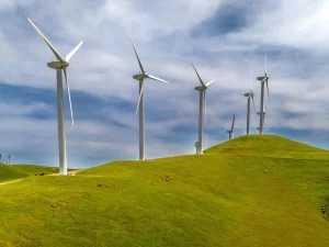 Wind turbines on a green hill